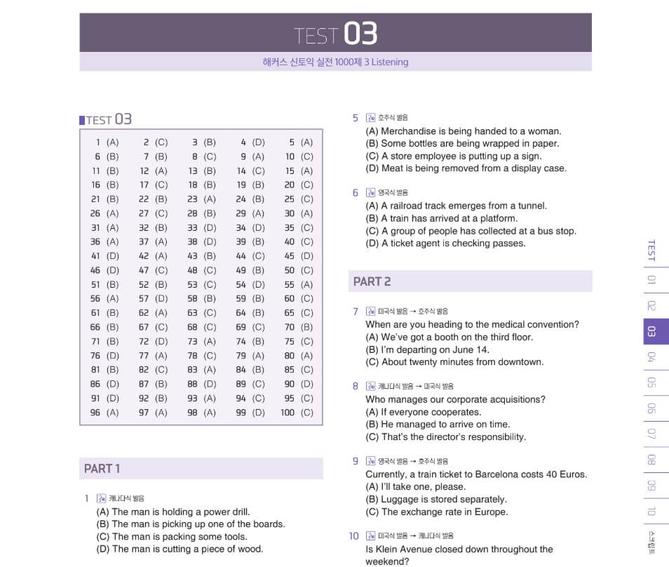 Phần đáp án trong sách Hackers TOEIC 3