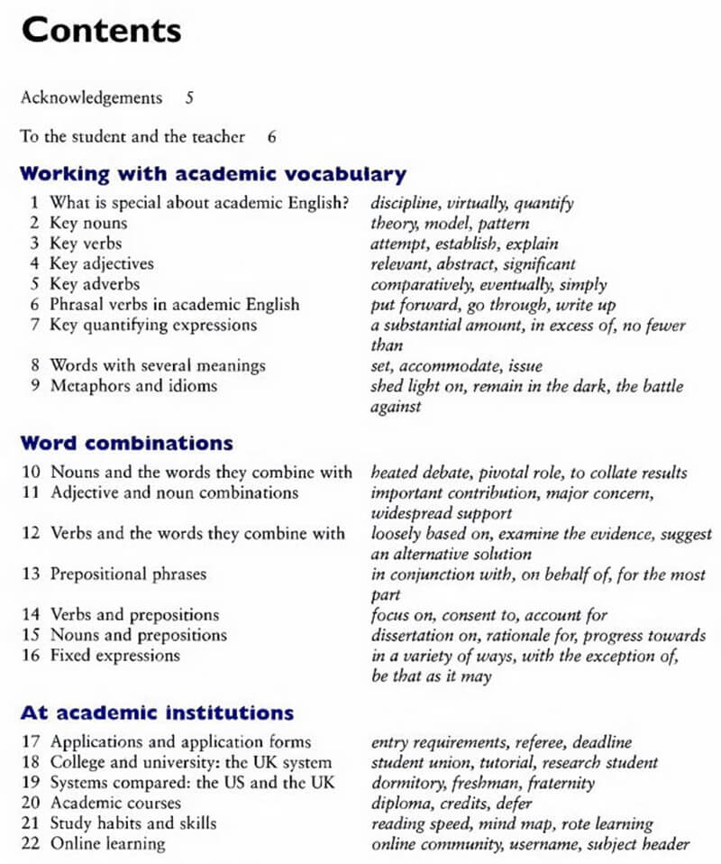 Một phần nội dung của sách Academic Vocabulary in Use