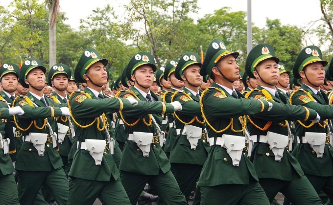 Khối Sĩ quan Biên phòng tập luyện cho đợt diễu binh A80, hồi tháng 8. Ảnh: Fanpage Học viện Biên phòng